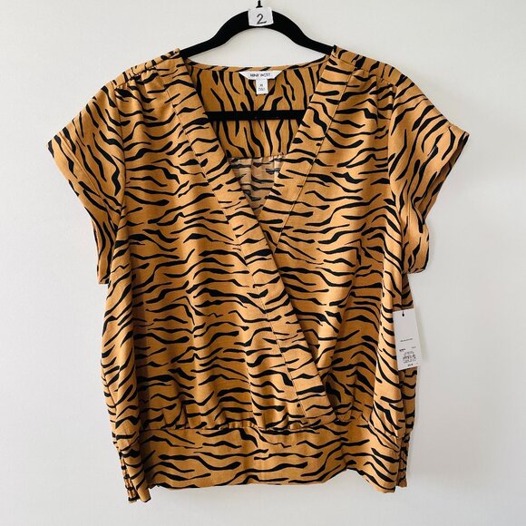 NWT Nine West Womens Tan Brown Tiger Print Surplice Waist Tie Blouse Top Size XL - Picture 1 of 7